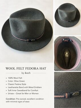 Epoch Olive 100% Wool Felt Fedora Hat Classic Wide Brim Unisex